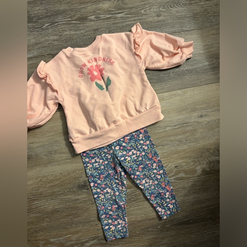 Carter’s Little Girls Peach Ruffle Sleeve Top and Floral Leggings Set Sz 12M